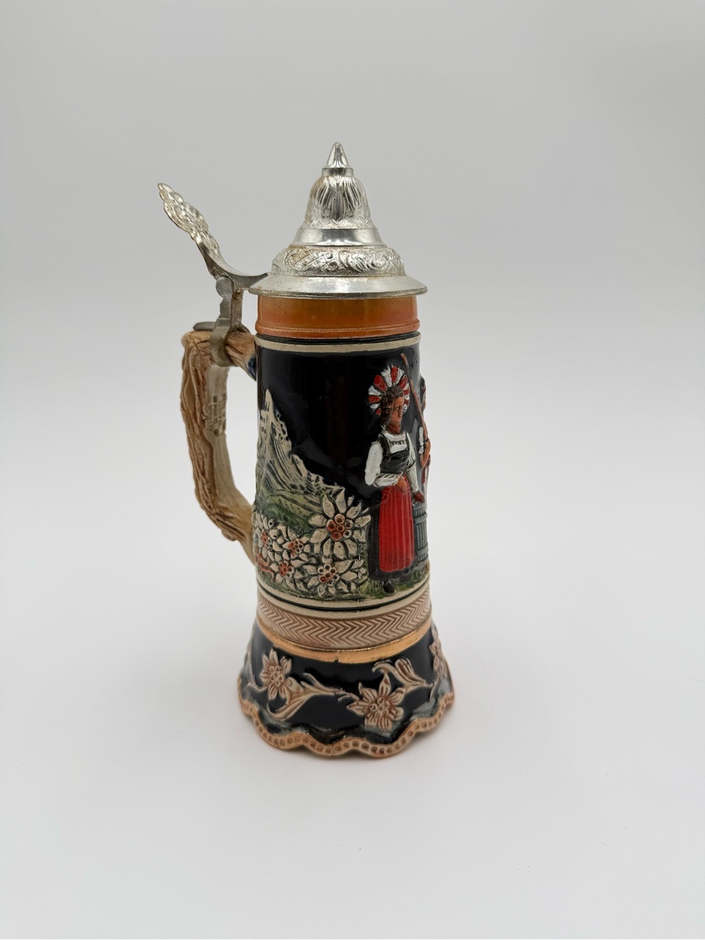 Vintage Swiss Musical Beer Stein Handmade Ceramic Metal Lid Alpine Folk Art